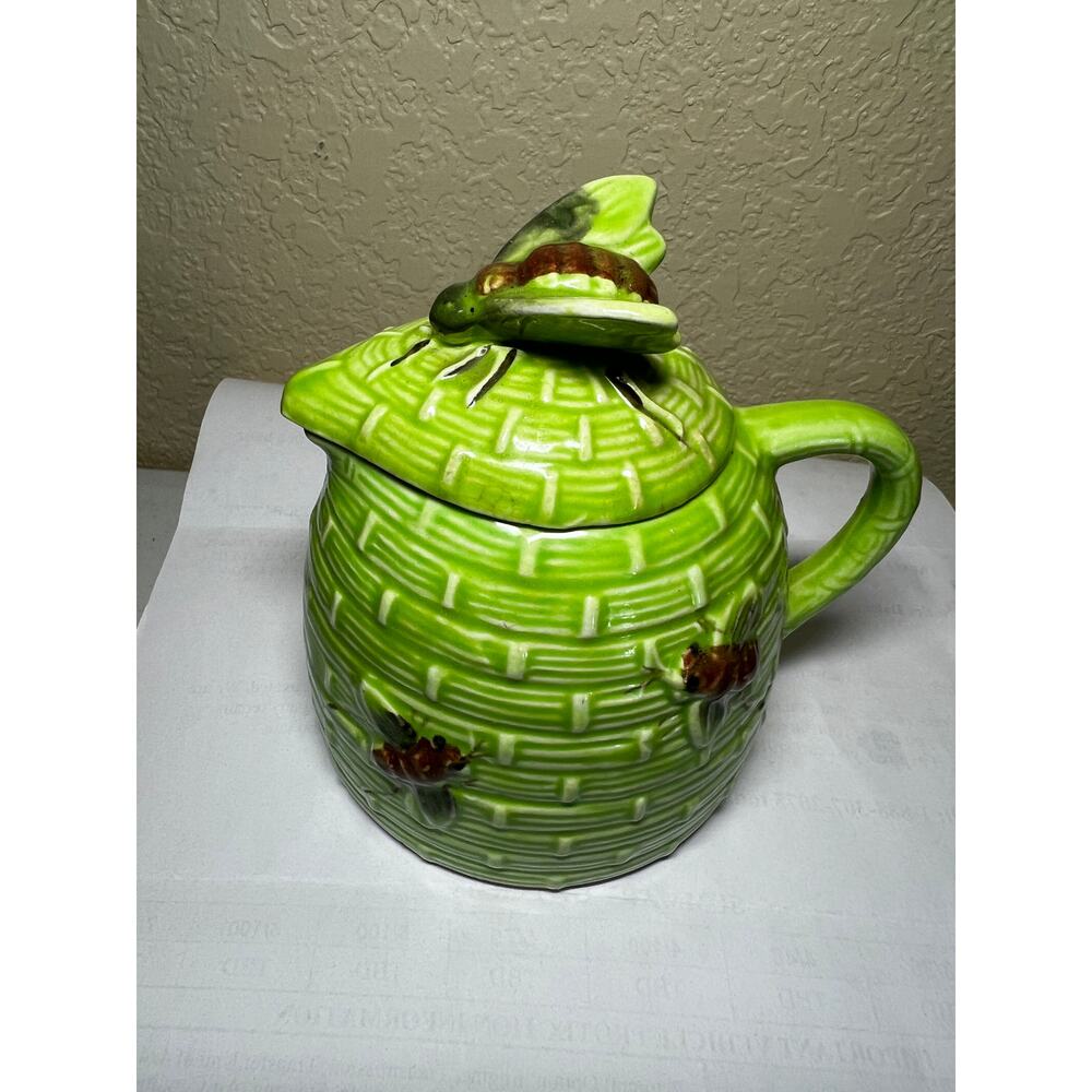Vintage Beehave Honey Pot Jar Pitcher with Lid Ceramic 3D Bees Rare Green 0052